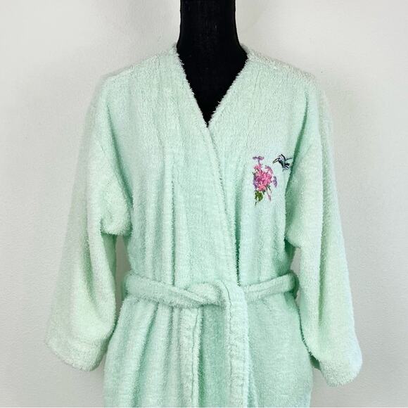Vintage Blair Womens Terrycloth Robe Wrap Tie Embroider Hummingbird Mint Green - Picture 3 of 11